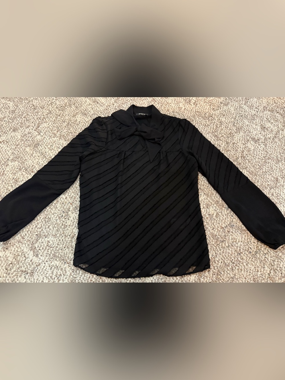 DKNY Black Diagonal Stripe Bow-Neck Long Sleeve Blouse
